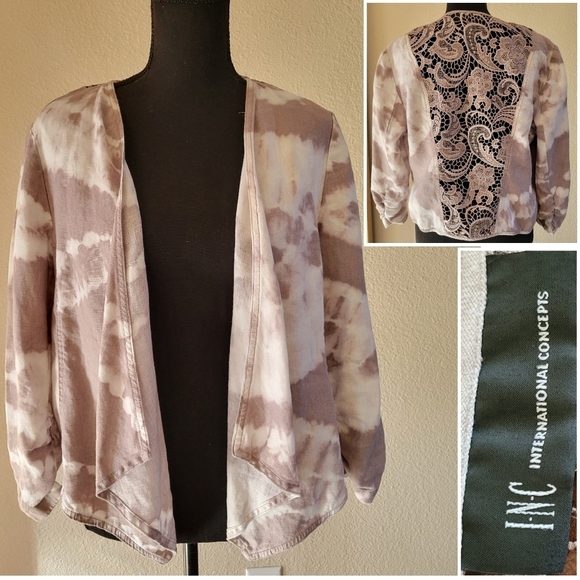 INC Taupe/Cream  Open Front 3/4 Sleeve Lace 100% Linen Cardigan - Picture 1 of 9